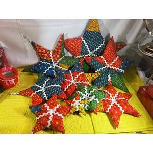 Vintage Christmas Hand Sewn Cloth Fabric Stuffed Star Ornaments Tree Set 11